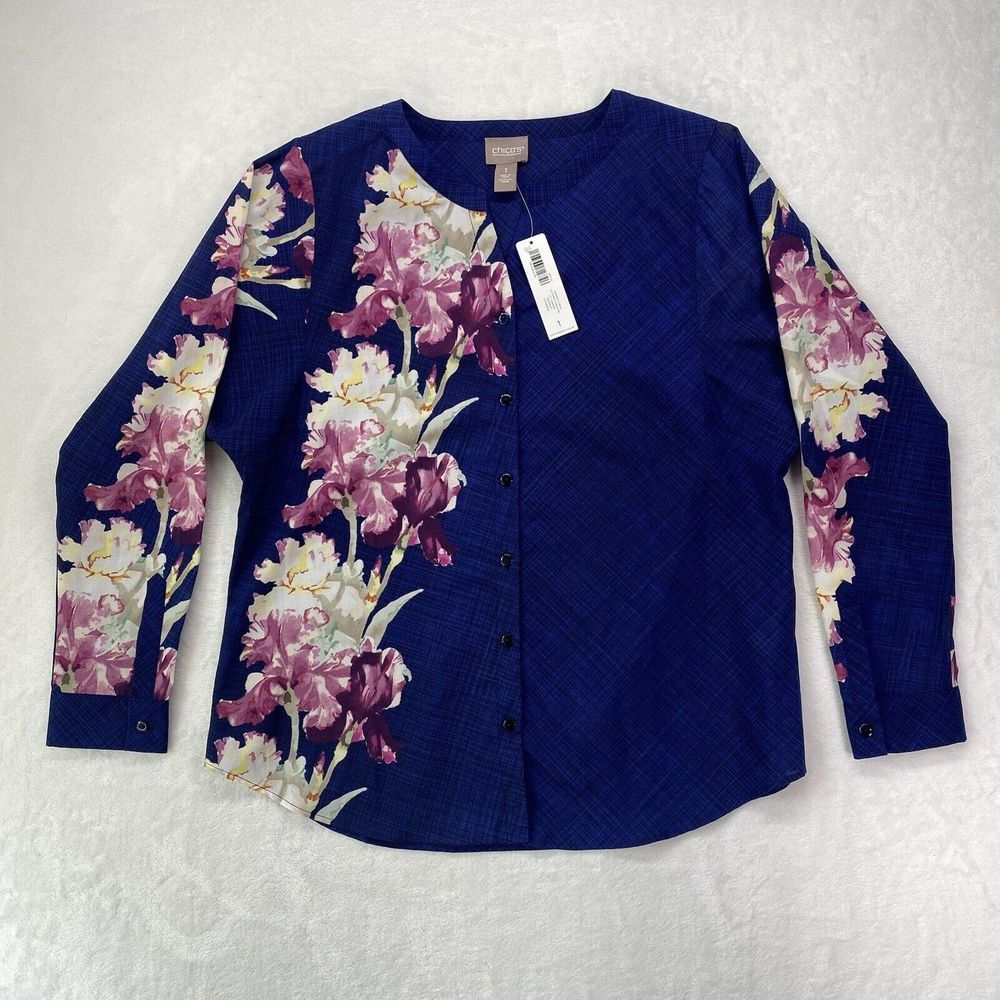 New Chicos Shirt Womens 1 Medium Drama Floral Cutaway Neck midnight
